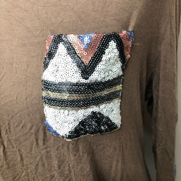 JODIFL Sequin Long Sleeve Brown Blouse Size Large - Picture 2 of 8